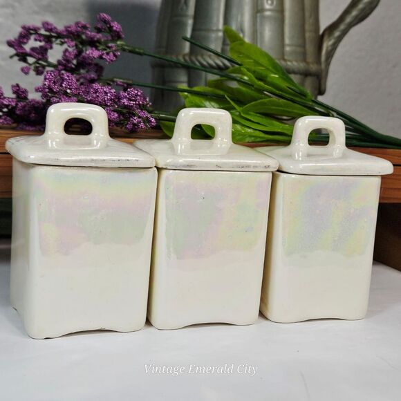 Vtg Iridescent Czechoslovakia Lusterware Labeled Spice Jars Set / 3 Ceramic Read - Picture 7 of 12